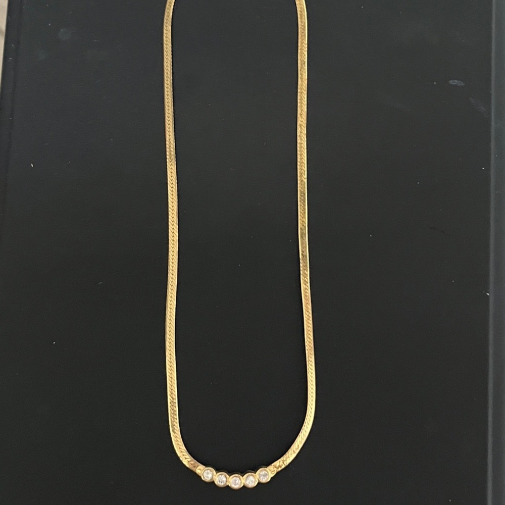 Gold Tone Herringbone & 5 Rhinestone Necklace